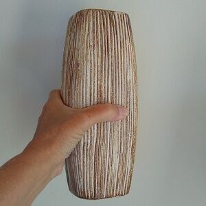 Mid Century Modern Pottery Vase Neutral Striated 9.5" Tall